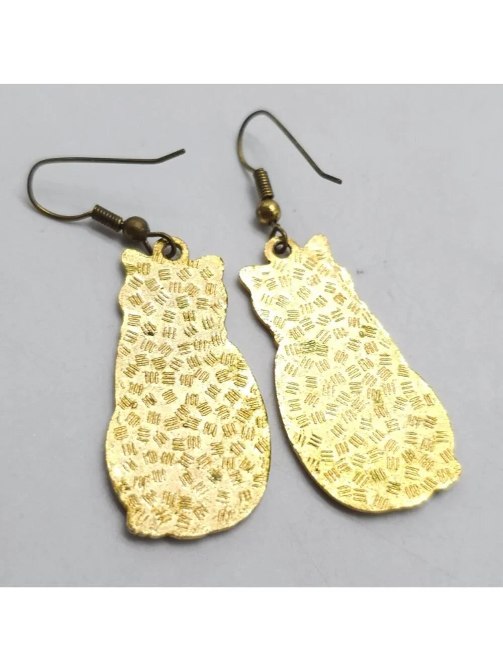 Cat Themed Vintage Blue Enamel Gold Tone Drop Earrings With Fishhook Backs